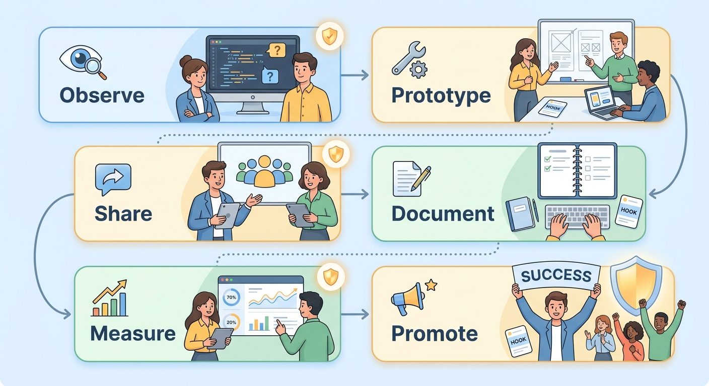Infographic showing staged rollout of Claude Code hooks from observe to prototype, share, document, measure, and promote