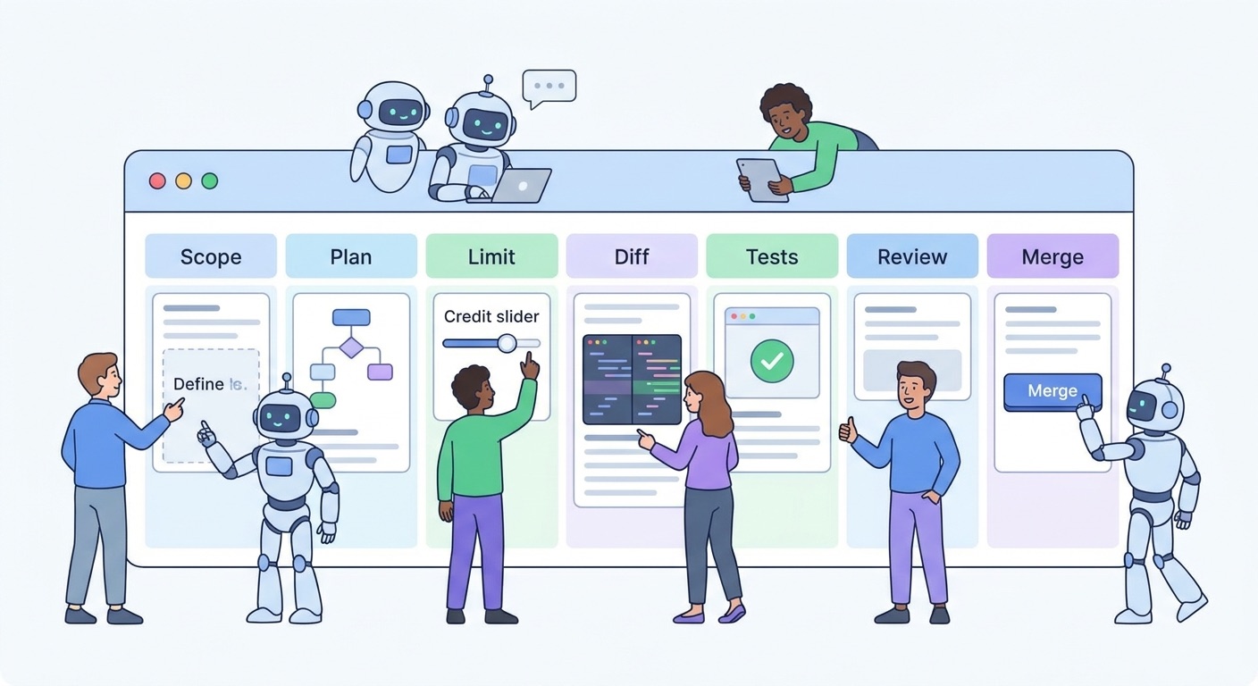 Clean SaaS-style checklist showing safe GitHub Copilot app workflow: task scope, plan, AI credit limit, worktree diff, tests, review, merge