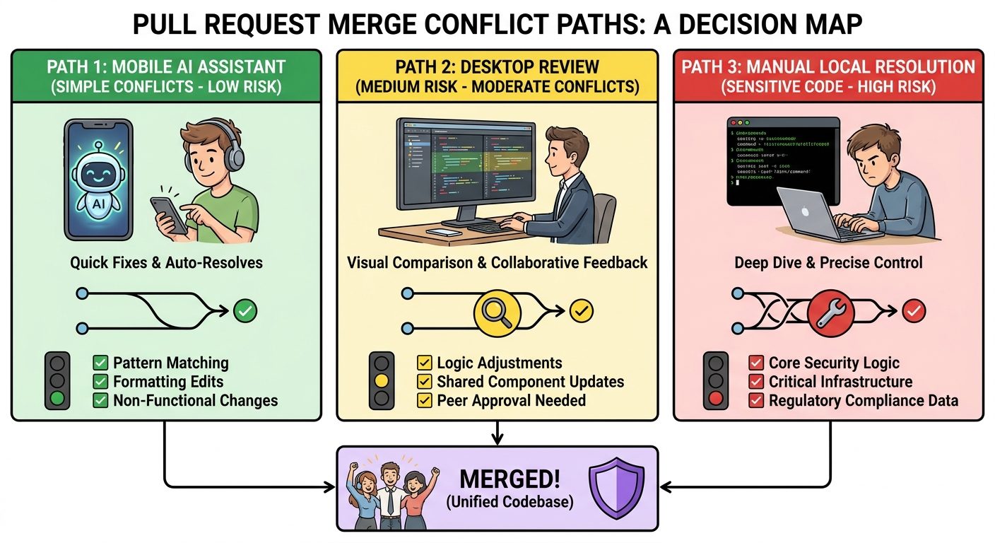 Decision map comparing mobile Copilot conflict fixes, desktop review, and manual merge conflict resolution