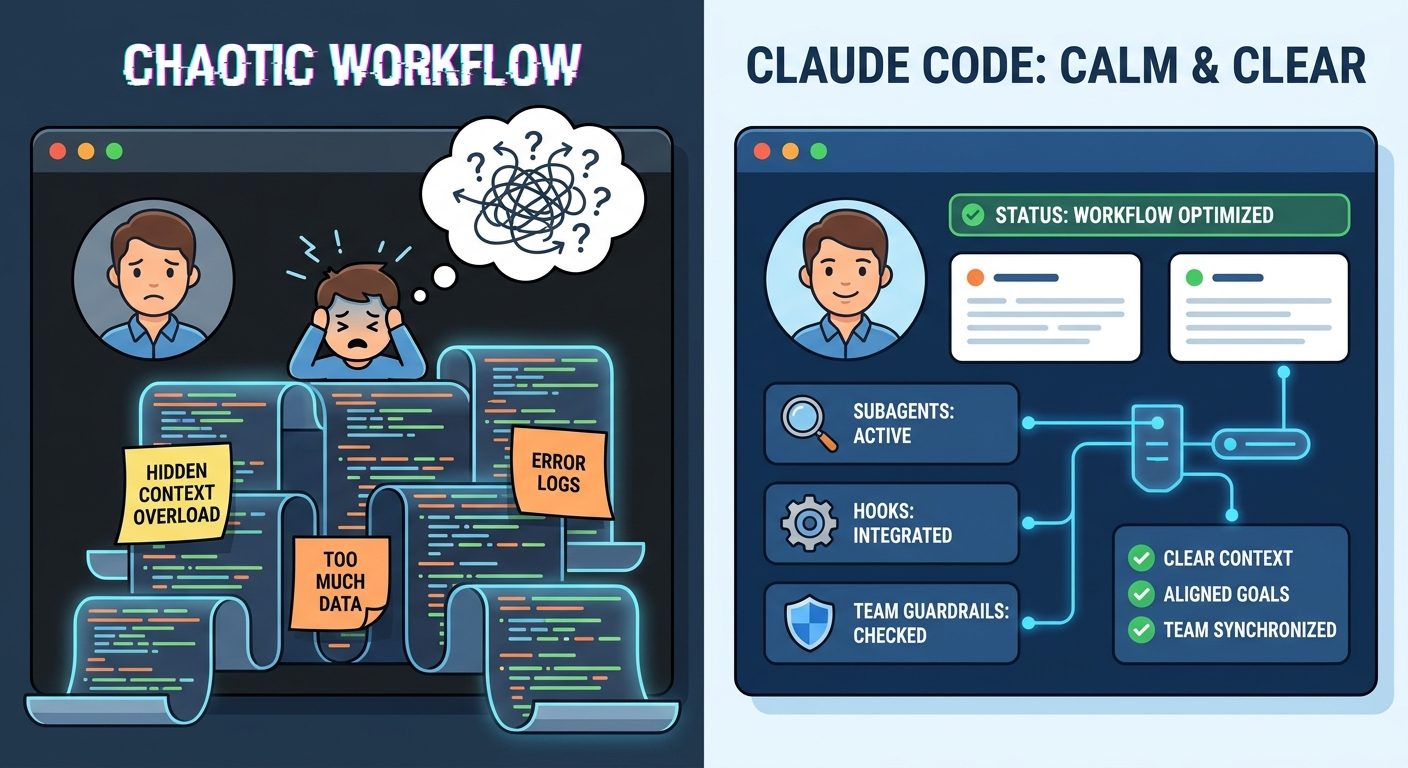 Split-screen illustration comparing a chaotic hidden AI coding session with a calm Claude Code workflow using statusline, hooks, subagents, and team guardrails