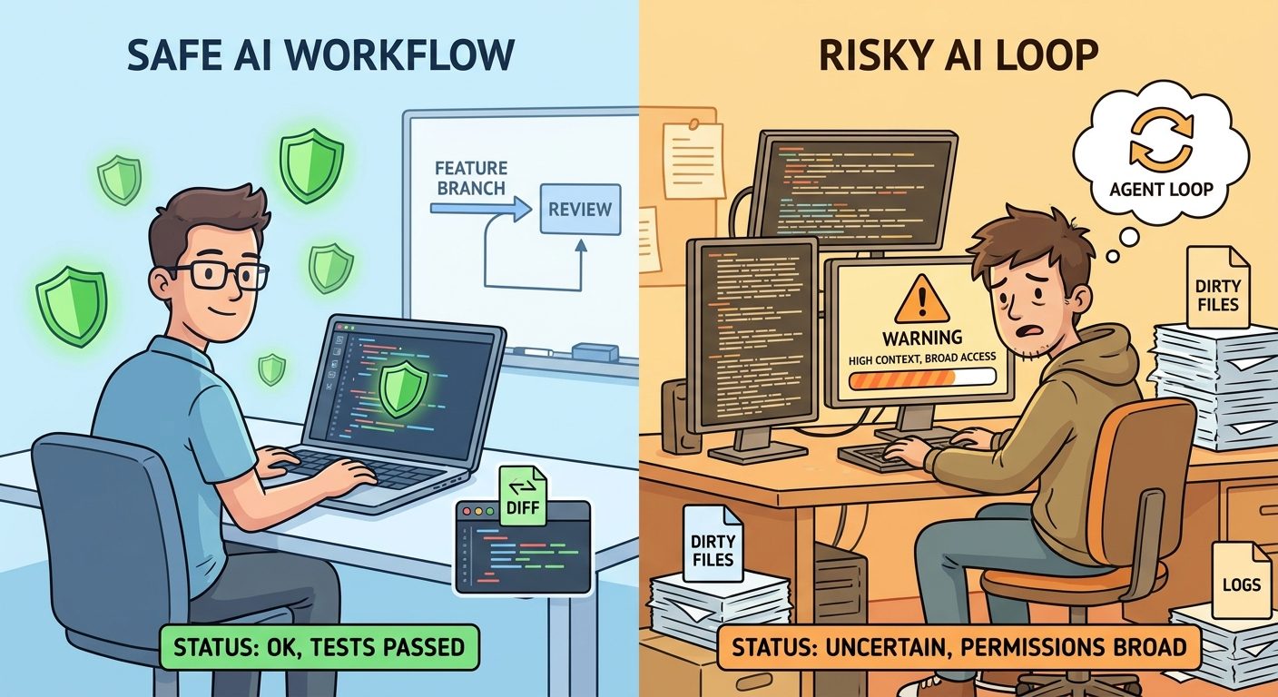 Split screen illustration comparing a safe Claude Code statusline workflow with a risky broad-permission agent session