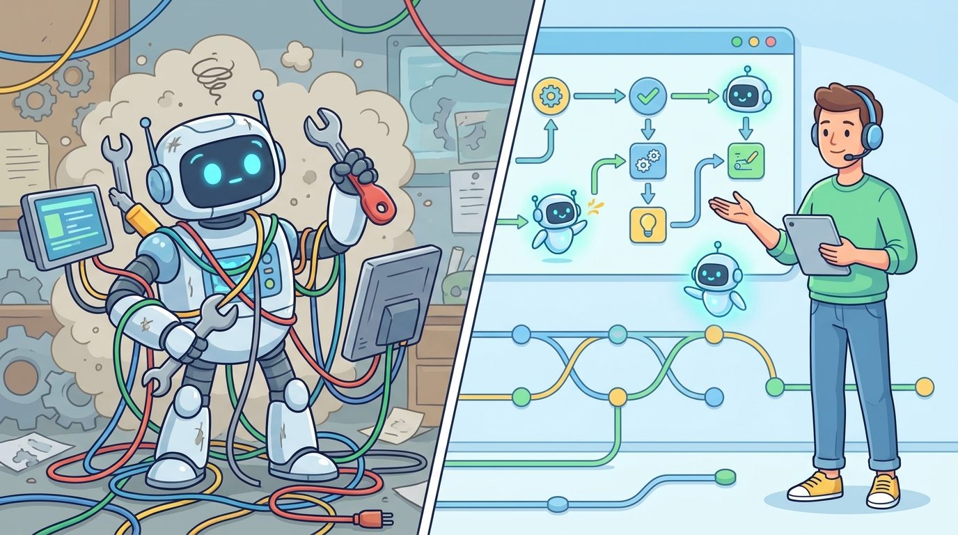 Split-screen cartoon comparing chaotic autonomous agent execution with a calm Google ADK workflow conductor coordinating specialist agents