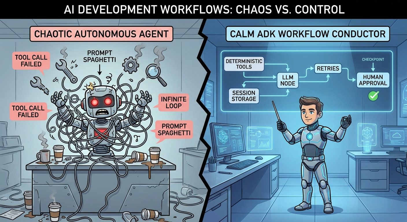 Split-screen cartoon comparing chaotic autonomous agent execution with a calm ADK workflow conductor handling tools, retries, sessions, and human approval