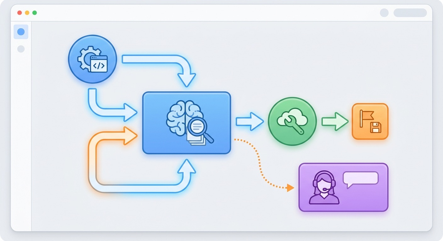 Colorful workflow illustration showing ADK dynamic workflow loops, fallback branches, checkpoints, and human review