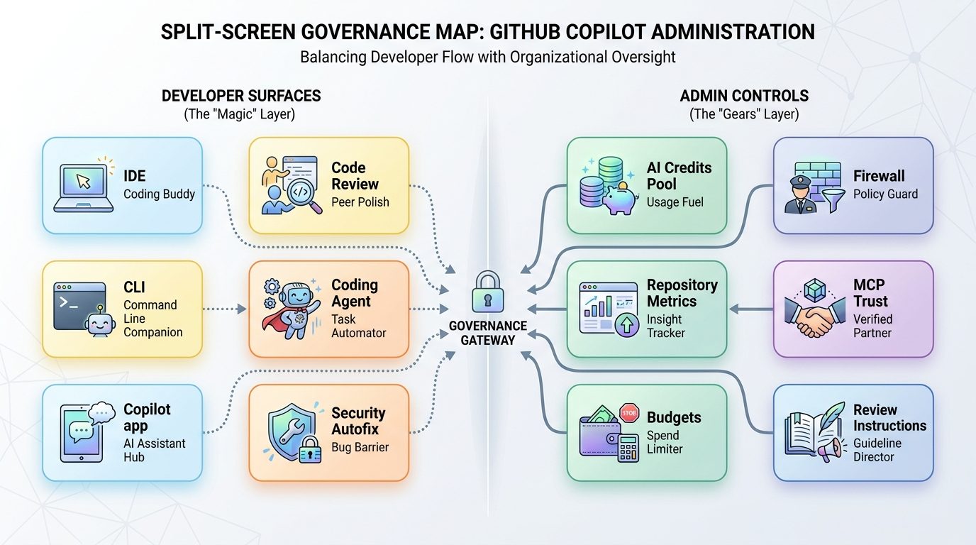 Split-screen governance map for GitHub Copilot app, IDE, code review, coding agent, security autofix, budgets, and repository-level metrics