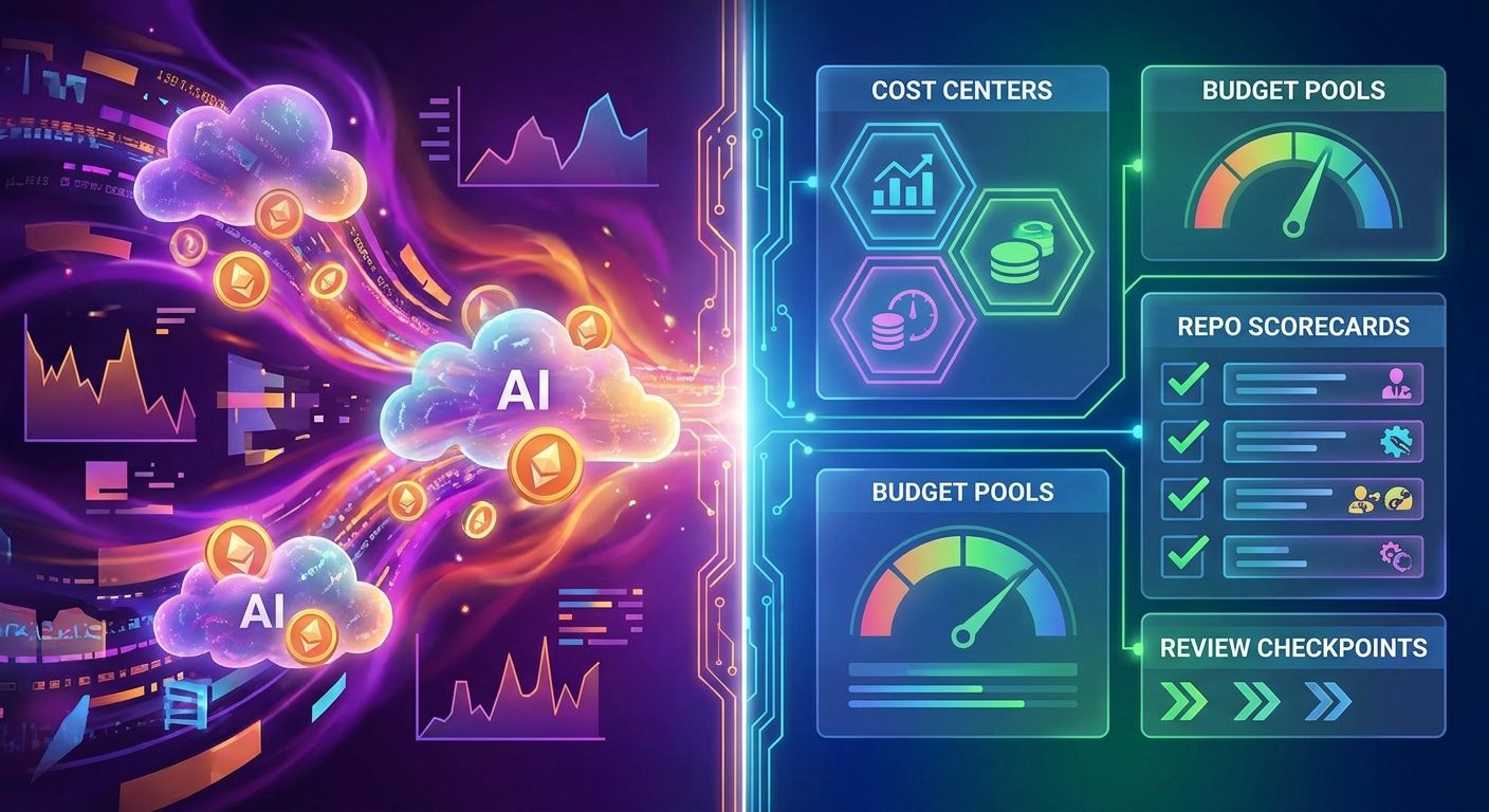 Split-screen AI FinOps visual comparing unmanaged Copilot agent token leaks with organized cost center pools, repository scorecards, and budget checkpoints