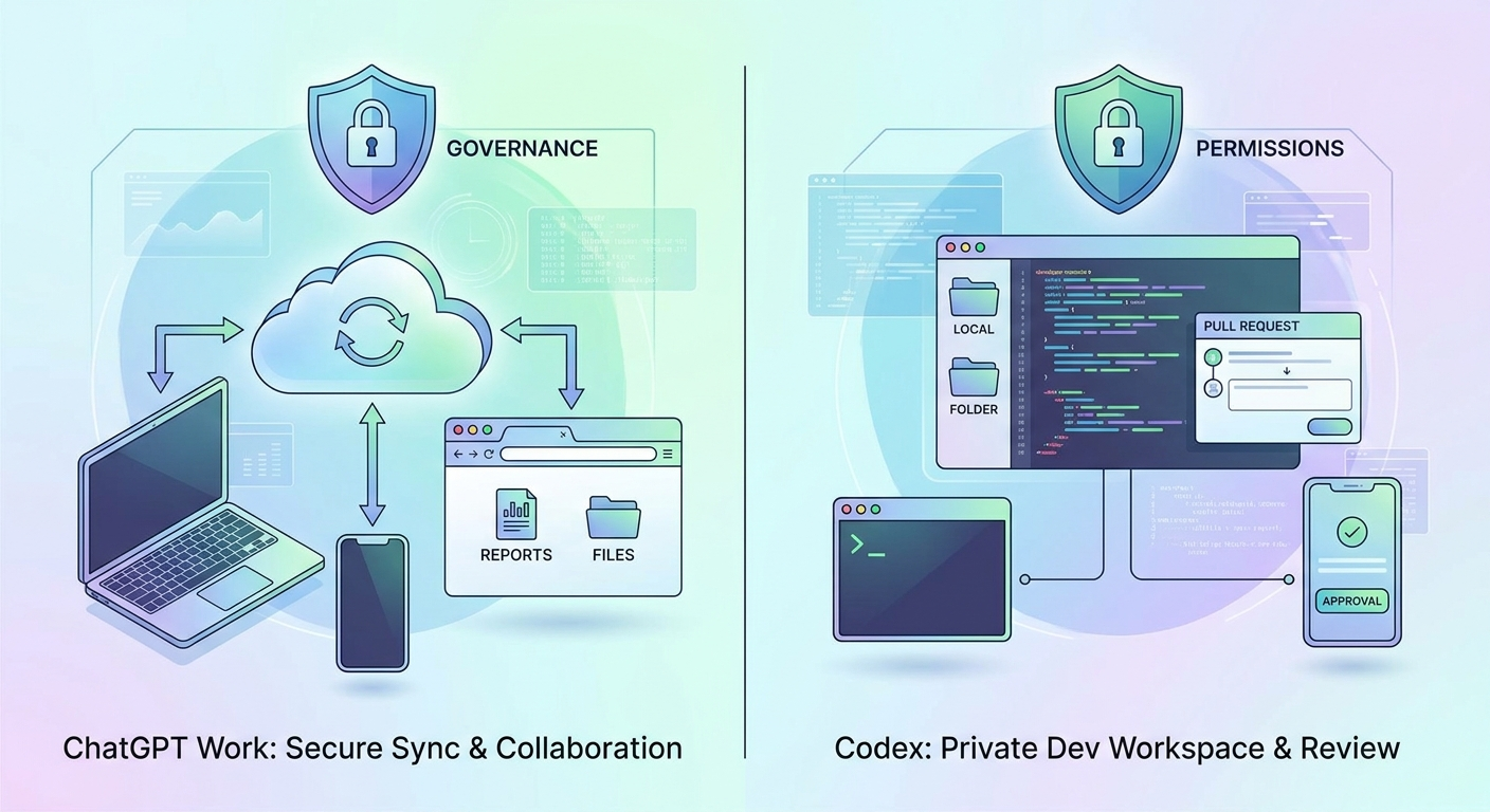 Split-screen illustration comparing ChatGPT Work cloud sync with Codex local developer workspace and permissions