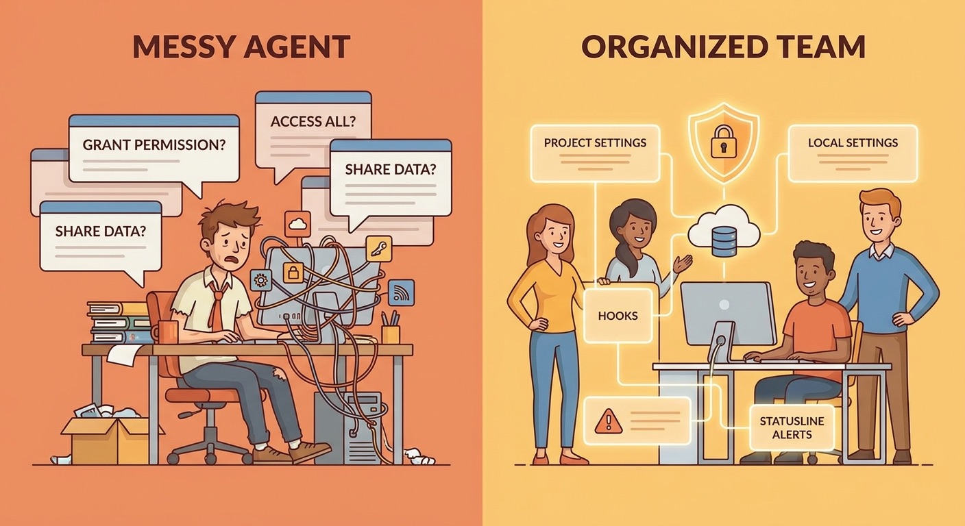 Split screen cartoon showing messy prompt fatigue versus organized Claude Code permission scopes and team policy