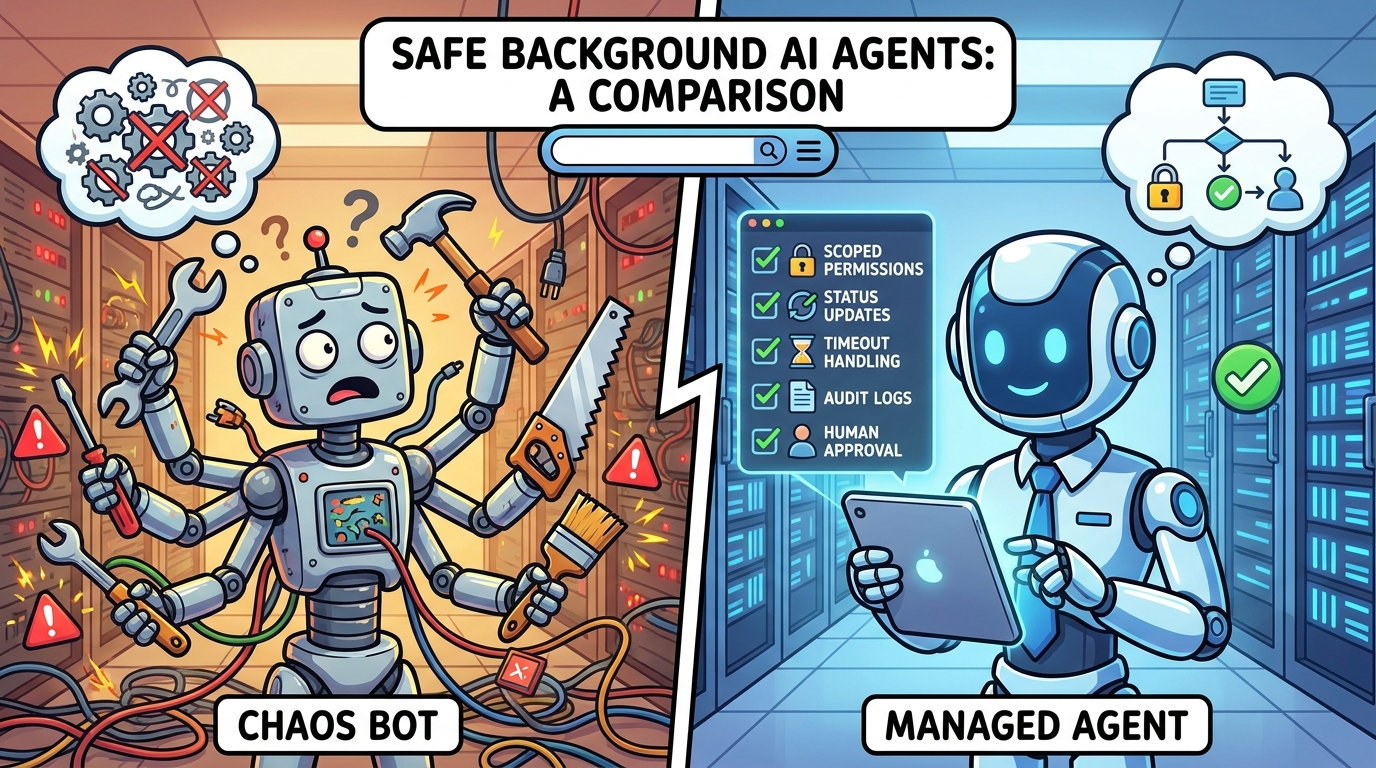 Split-screen cartoon comparing an unsafe background AI agent with a safer Gemini workflow using scoped permissions, audit logs, retries, and human approval