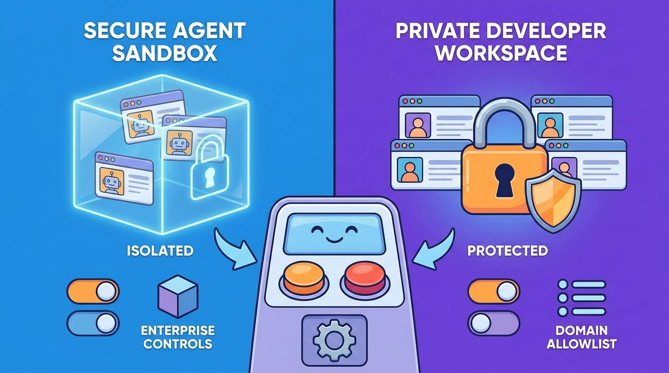 Split-screen illustration of isolated agent browser tabs, private developer tabs, and enterprise domain controls