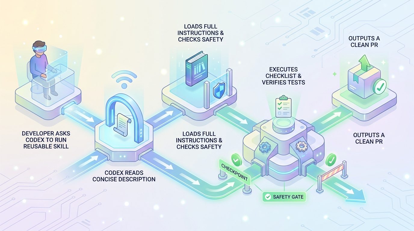 Journey map showing Codex loading a reusable skill, following instructions, checking safety gates, running verification, and preparing a pull request