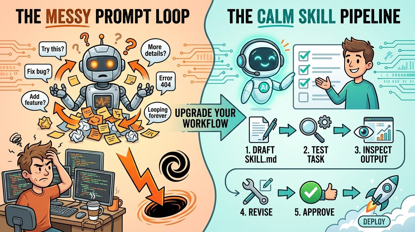 Split-screen cartoon workflow showing a messy repeated prompt loop becoming a tested Codex SKILL.md pipeline