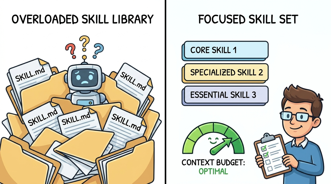 Split-screen cartoon comparing a messy overloaded Codex skill library with a tidy focused set of reusable skills and a green context budget gauge