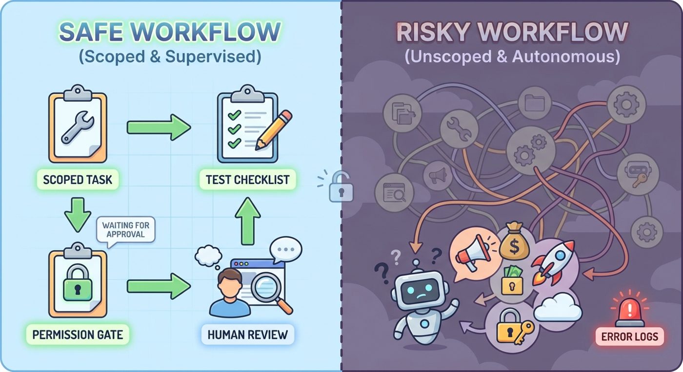 Split-screen illustration comparing safe scoped Copilot MCP workflows with risky over-connected AI agent workflows