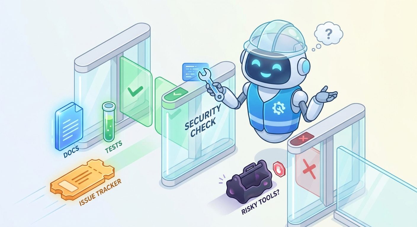 Friendly AI coding agent passing approved MCP tools through security turnstiles while risky tools are blocked