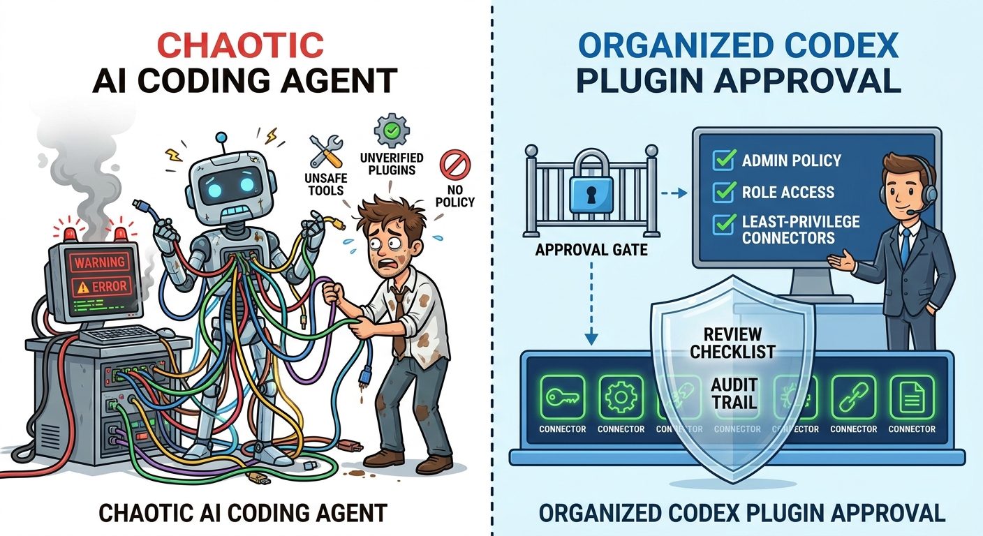 Split-screen cartoon comparing chaotic agent tool access with a safe Codex plugin approval workflow using least privilege and audit checks