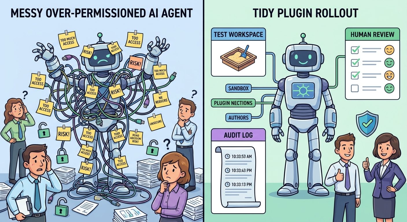 Split-screen illustration comparing over-permissioned AI plugin access with a tidy least-privilege Codex plugin rollout