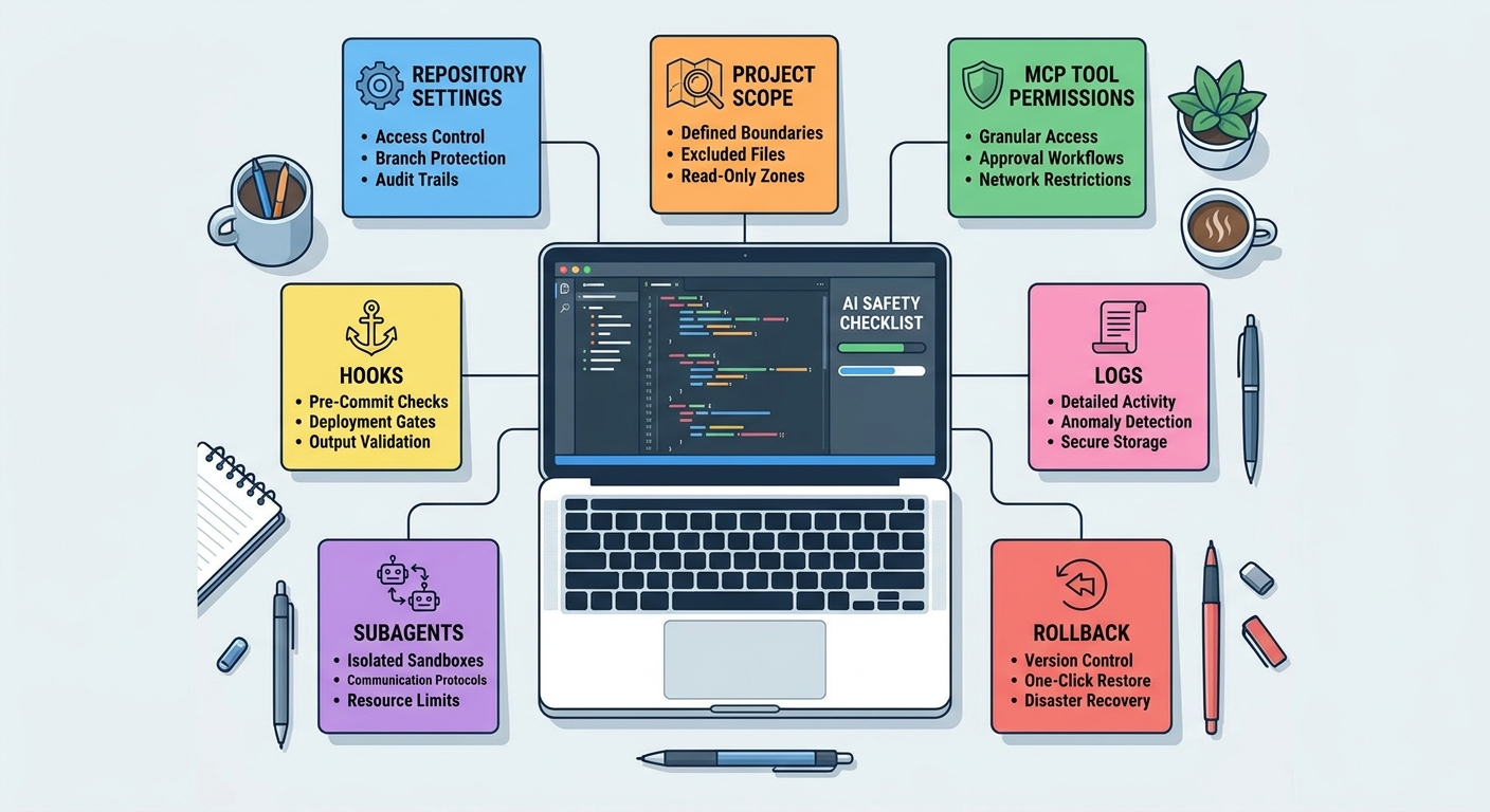 Checklist illustration for Claude Code agent safety with repository settings, MCP permissions, hooks, subagents, logs, and rollback