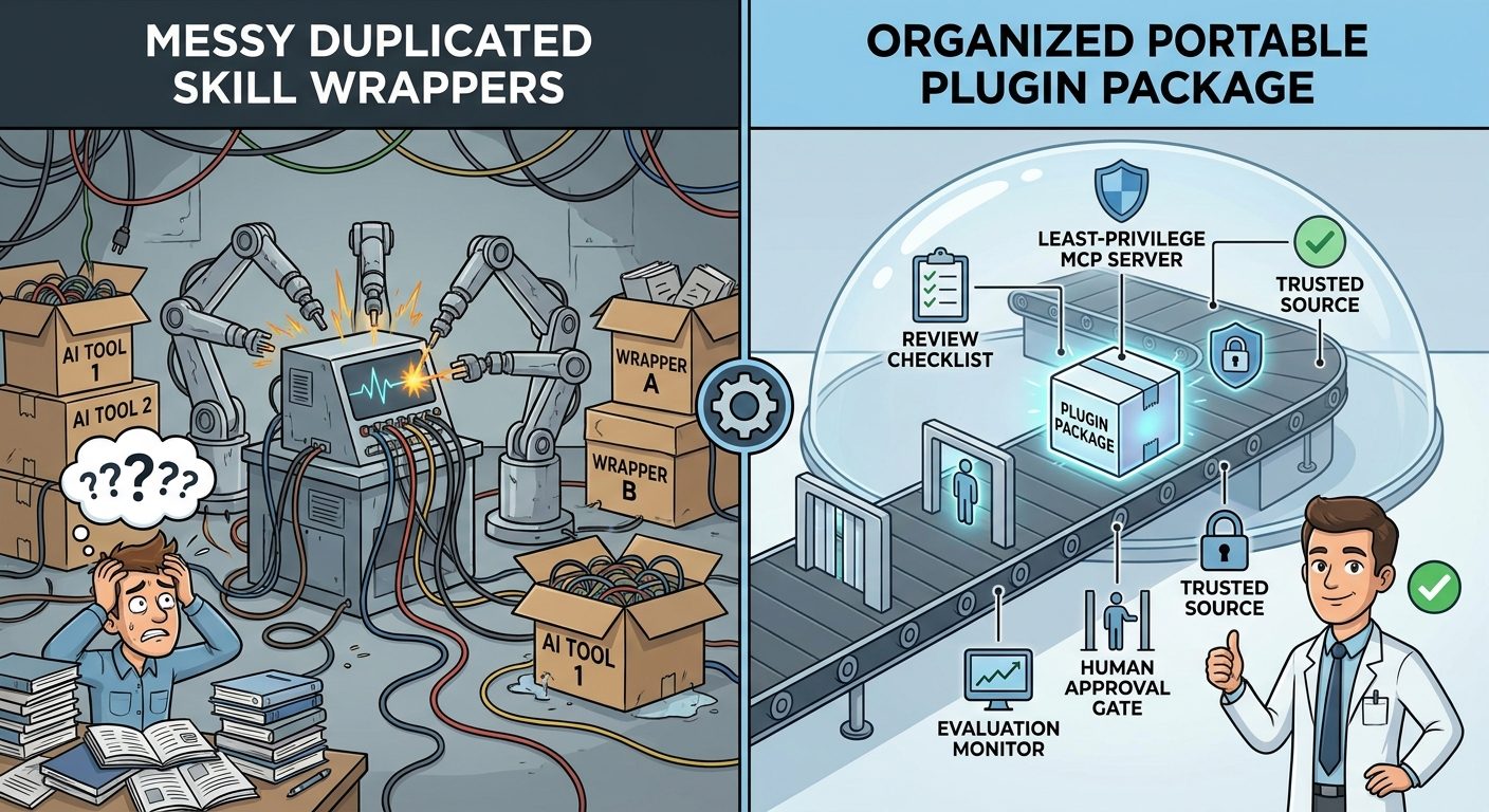 Split screen showing messy duplicated agent wrappers versus a safe Google Agent Plugin workflow with least privilege, trusted source, evaluation, and human approval