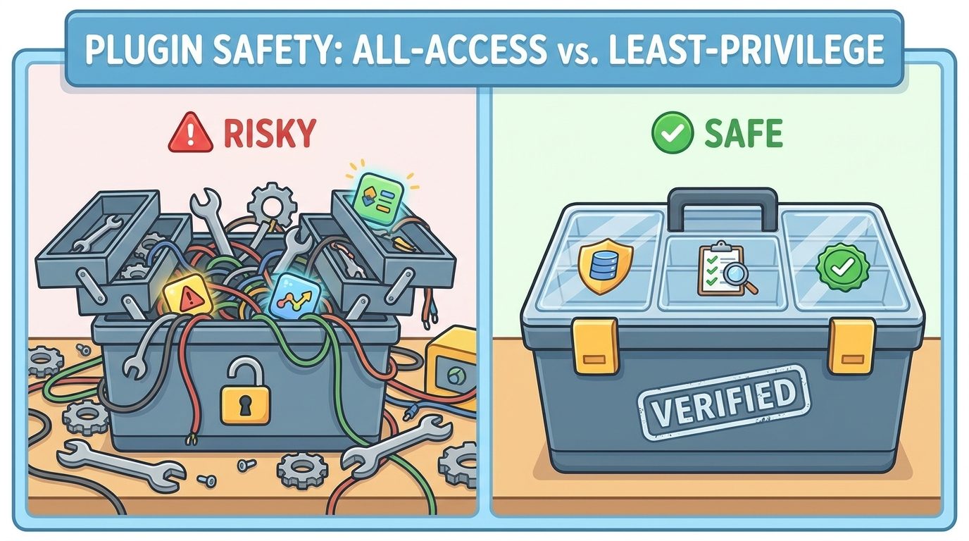 Split-screen workflow comparing a risky all-access agent plugin with a safer least-privilege Google Agent Plugins rollout