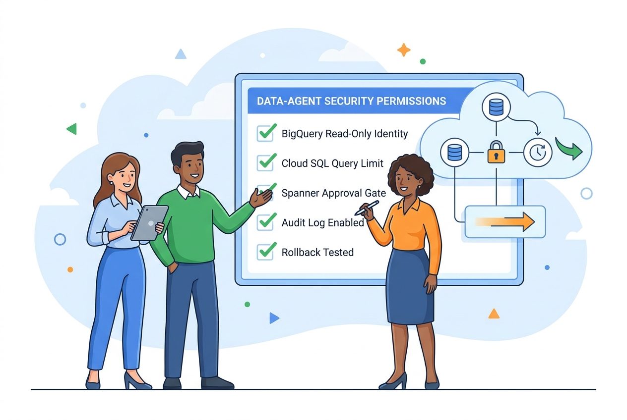 Clean SaaS style checklist for safe Google Data Agent Kit permissions across BigQuery Cloud SQL and MCP tool boundaries