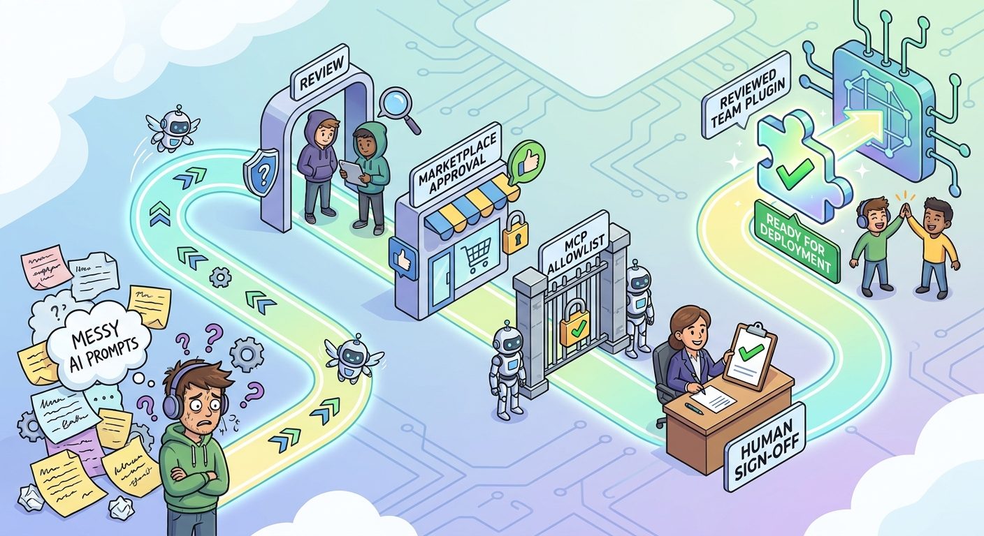 Workflow journey from repeated Copilot prompts to a reviewed team plugin with marketplace approval and MCP allowlist