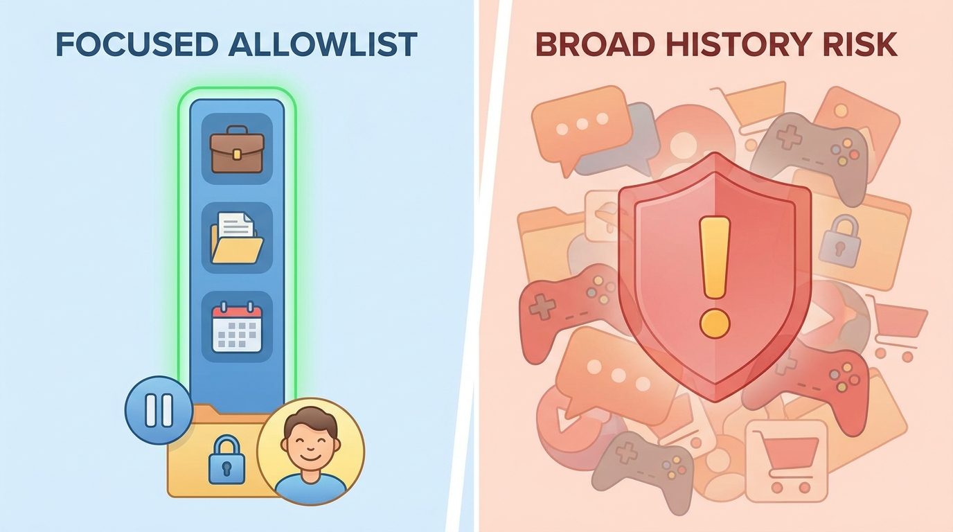 Split screen showing a safe narrow Computer History allowlist versus risky broad app history collection