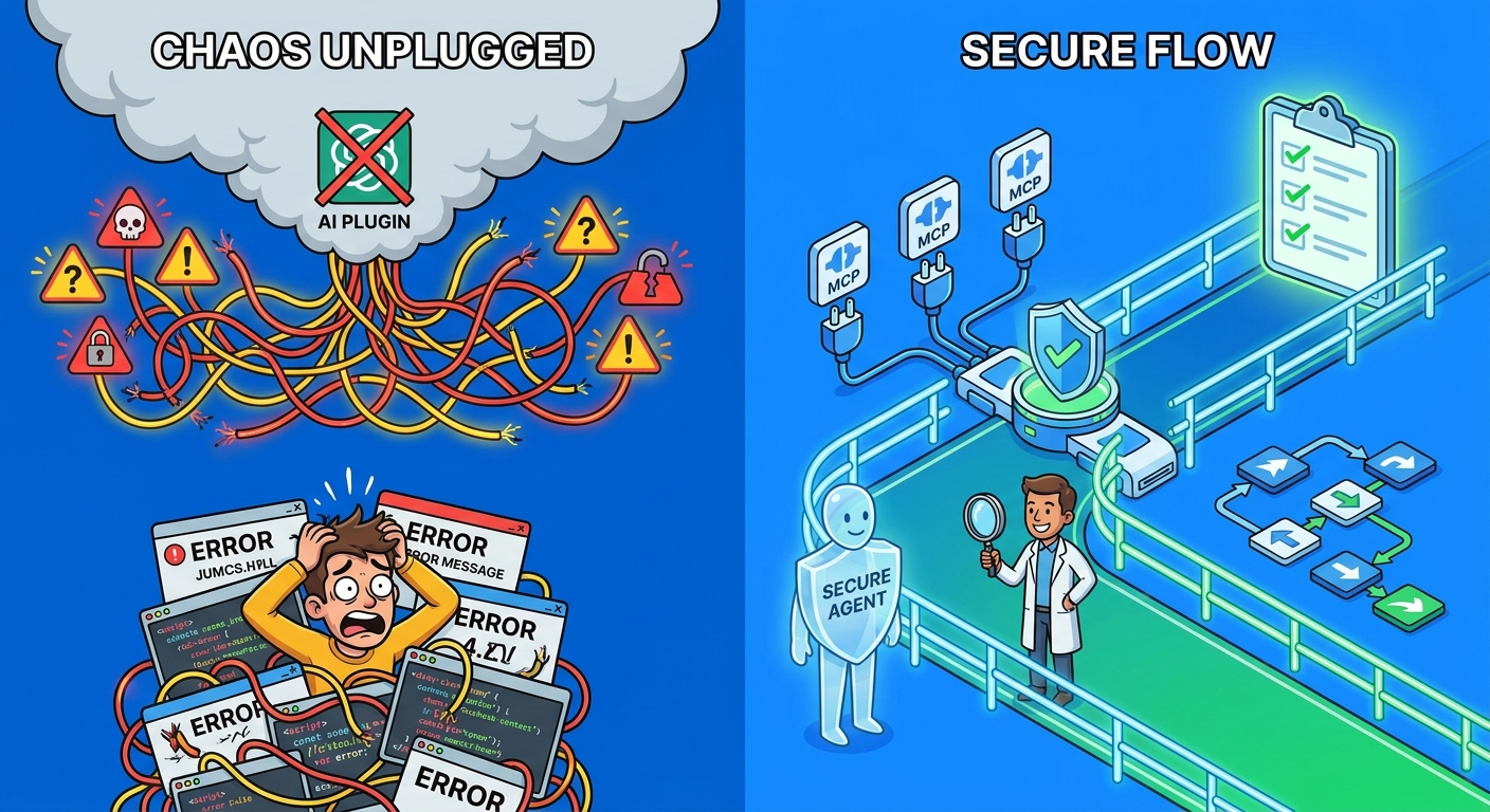Split-screen illustration comparing unsafe plugin chaos with an organized Claude Code team rollout using guardrails