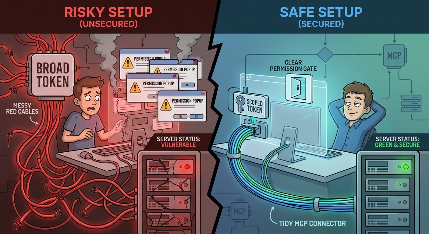 Split-screen illustration showing safe versus risky Claude Code plugin MCP troubleshooting with scoped tokens, server status, transport settings, and permission prompts