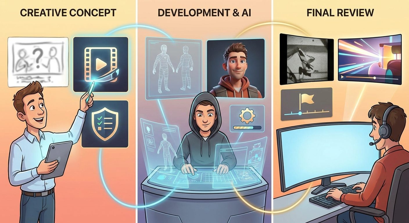 Creative production team reviewing Gemini Omni Flash draft, polished render, and safety checkpoints before publishing an AI video