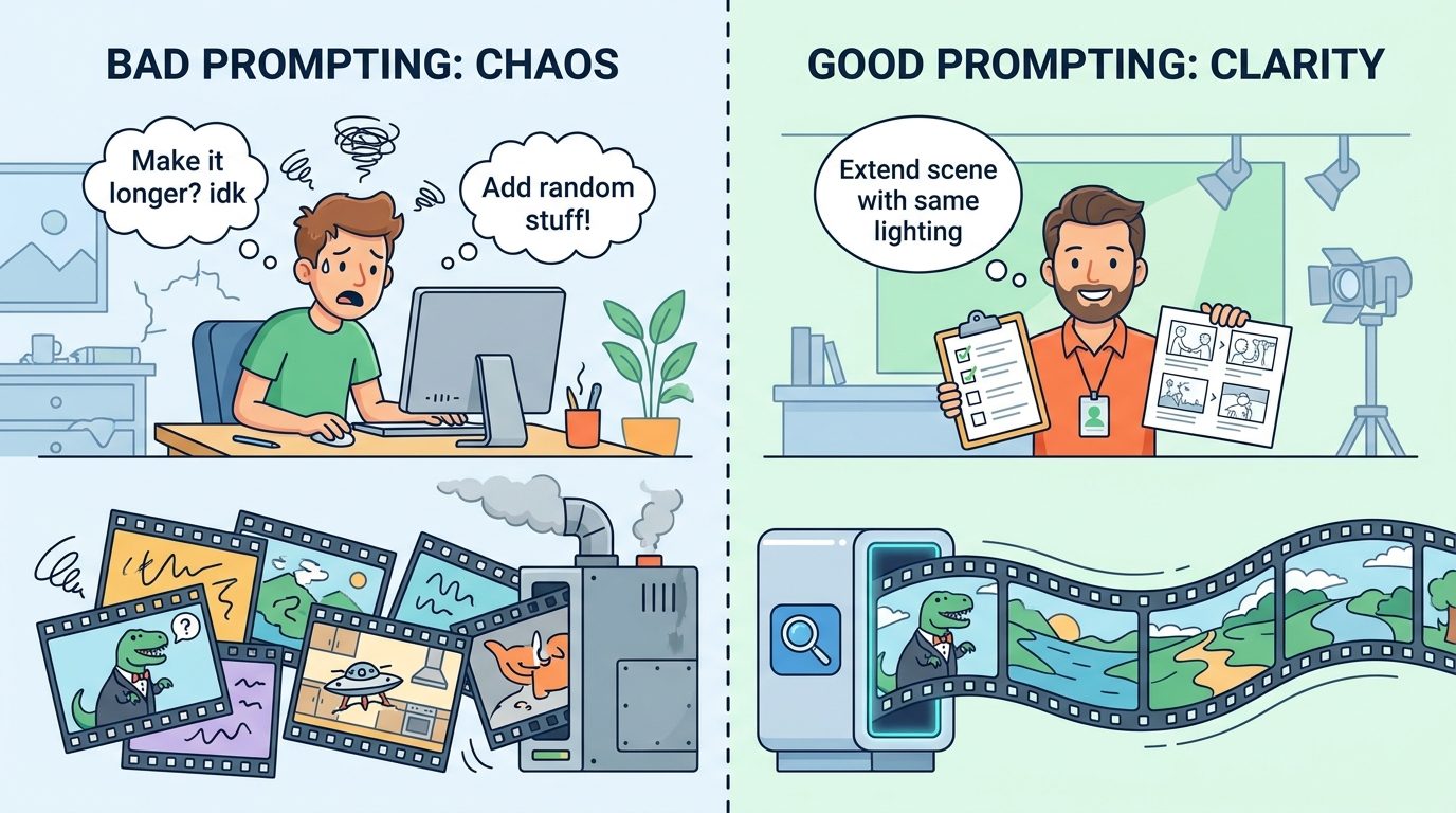 Split-screen cartoon showing vague Gemini Omni Flash prompting versus a clear scene extension and editing workflow