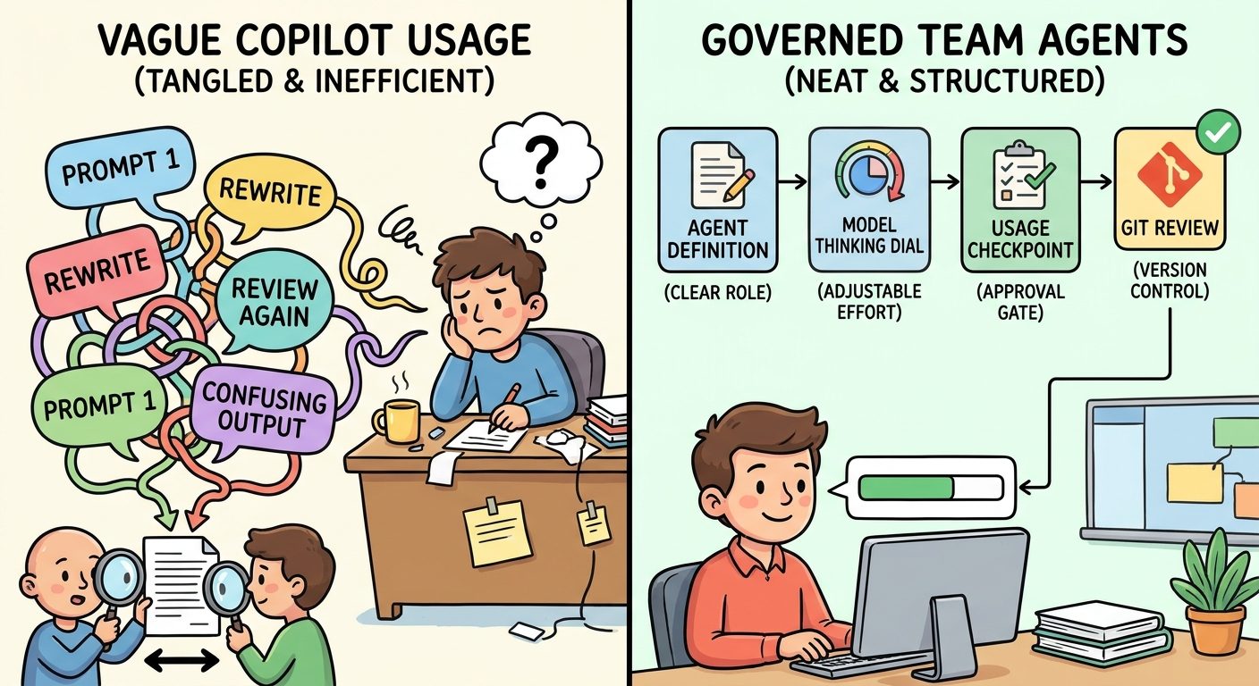 Split-screen illustration comparing messy one-off Copilot prompts with governed team custom agents usage controls and Git review