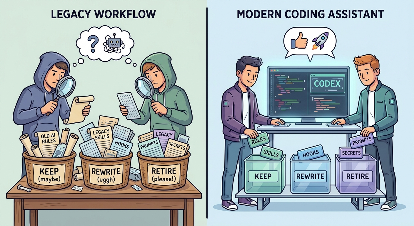 Developers sorting AI coding setup into Keep, Rewrite, and Retire buckets before importing into Codex