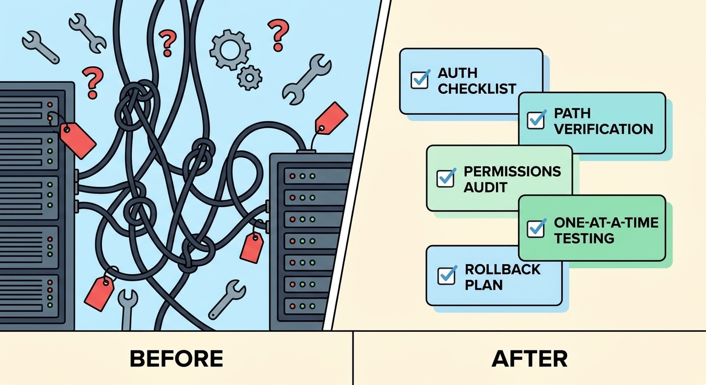 Cartoon checklist for fixing imported Codex MCP servers hooks paths authentication permissions and rollback
