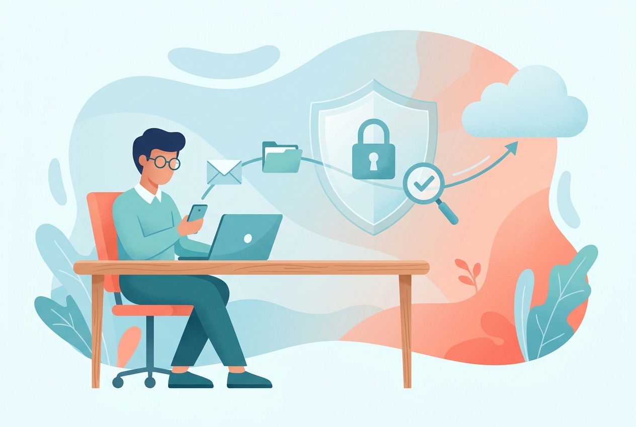Clean workflow illustration showing a work account, source check and privacy checkpoint before Gemini Connected App use