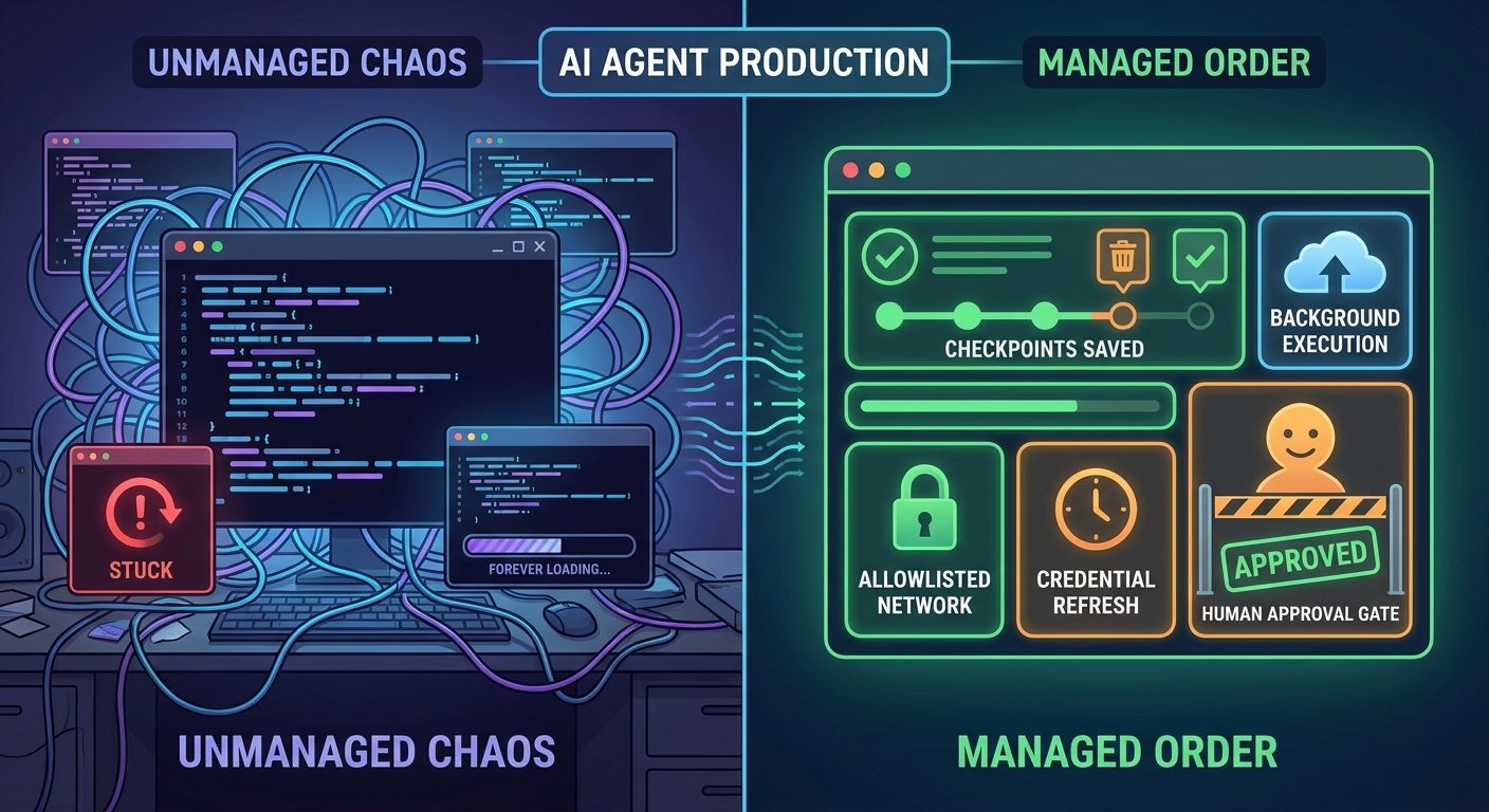 Split-screen illustration comparing a chaotic unmanaged agent with a safer Gemini managed agent workflow using checkpoints, network allowlists, credential refresh, and human approval