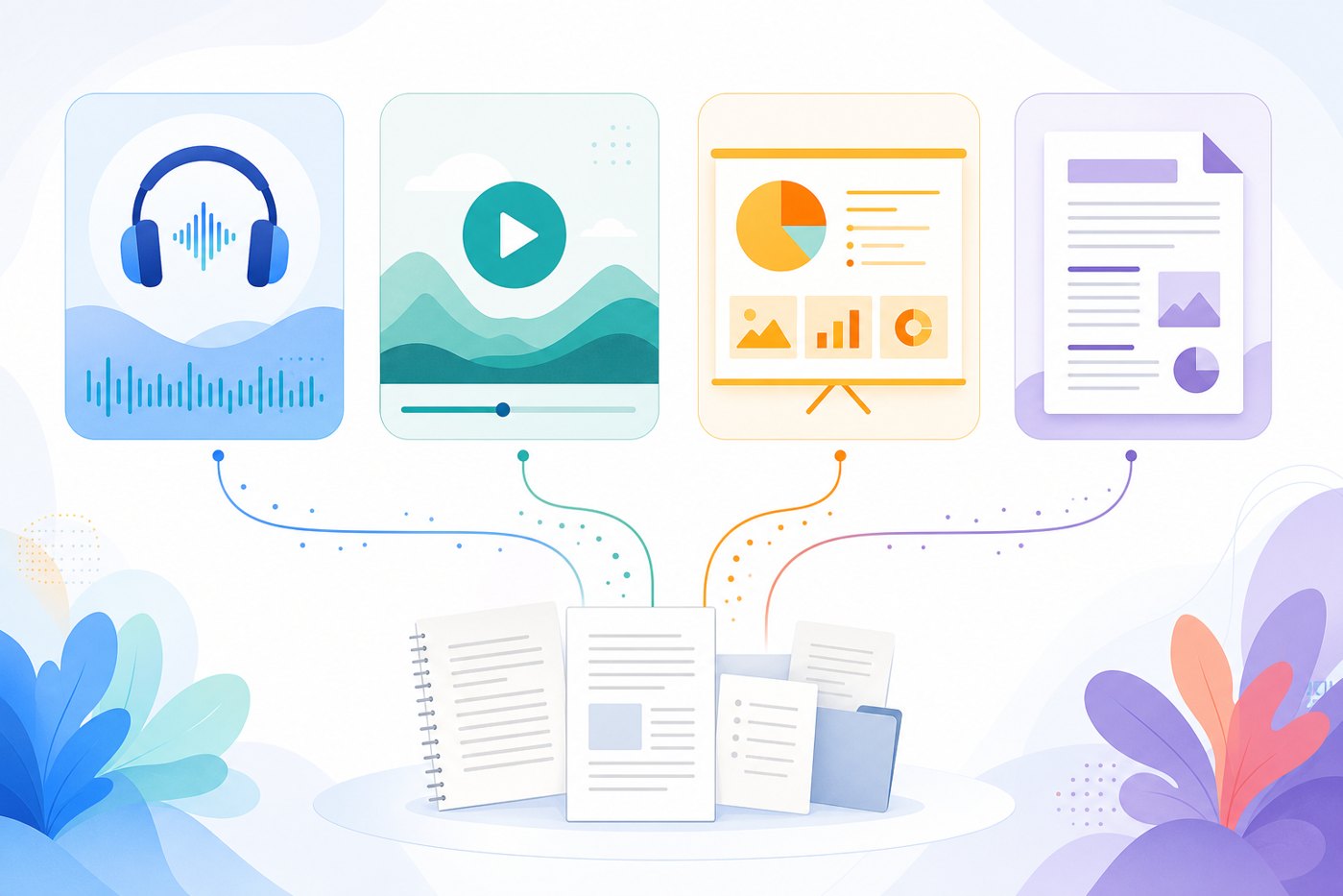 Bright comparison illustration of video overview audio overview slide deck and report formats created from source documents