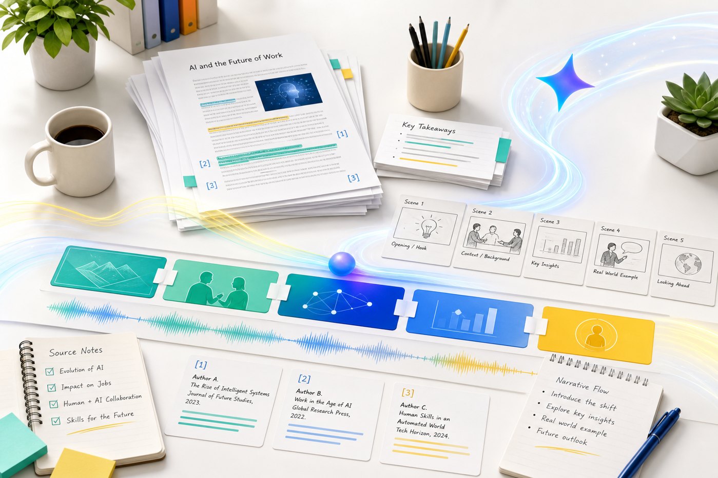 Bright editorial illustration of source documents feeding an AI video overview workflow