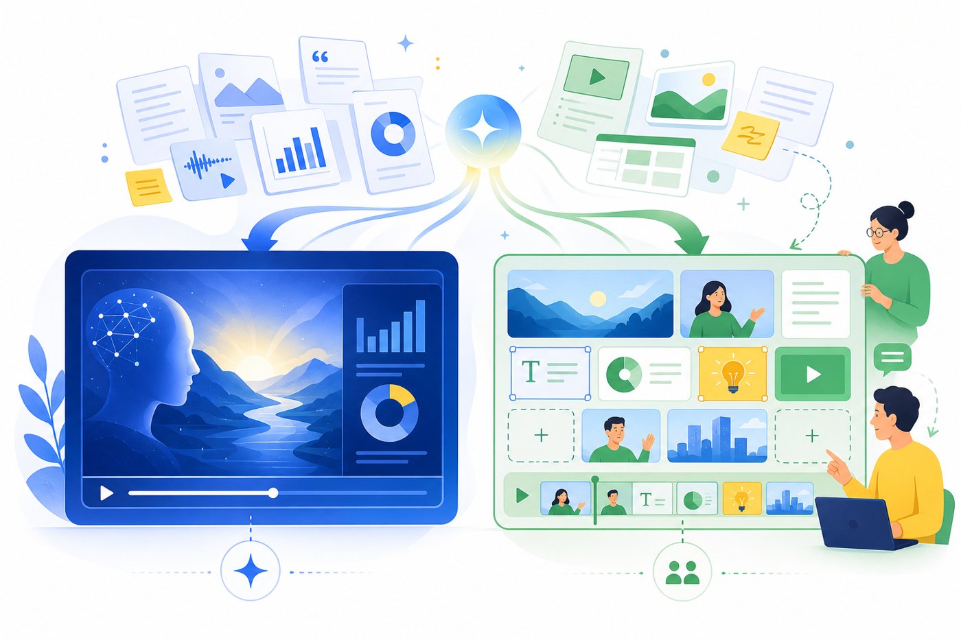 Comparison illustration for NotebookLM Video Overviews versus Google Vids