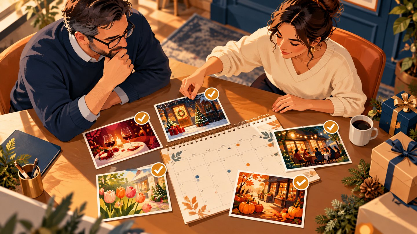 Small-business marketing team selecting relevant seasonal campaign ideas around a calendar