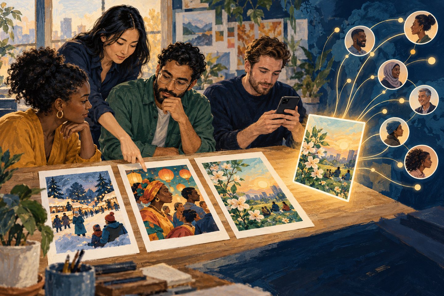 Editorial illustration of a team checking campaign context, mobile composition, and approval before distribution