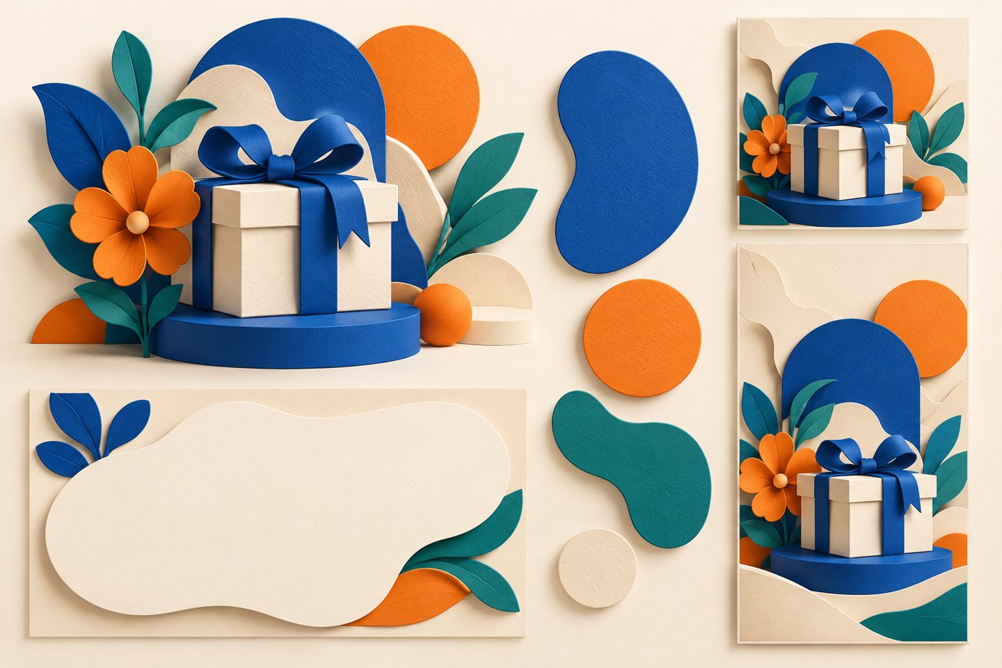 Conceptual layers separating a gift campaign scene from brand composition and social formats