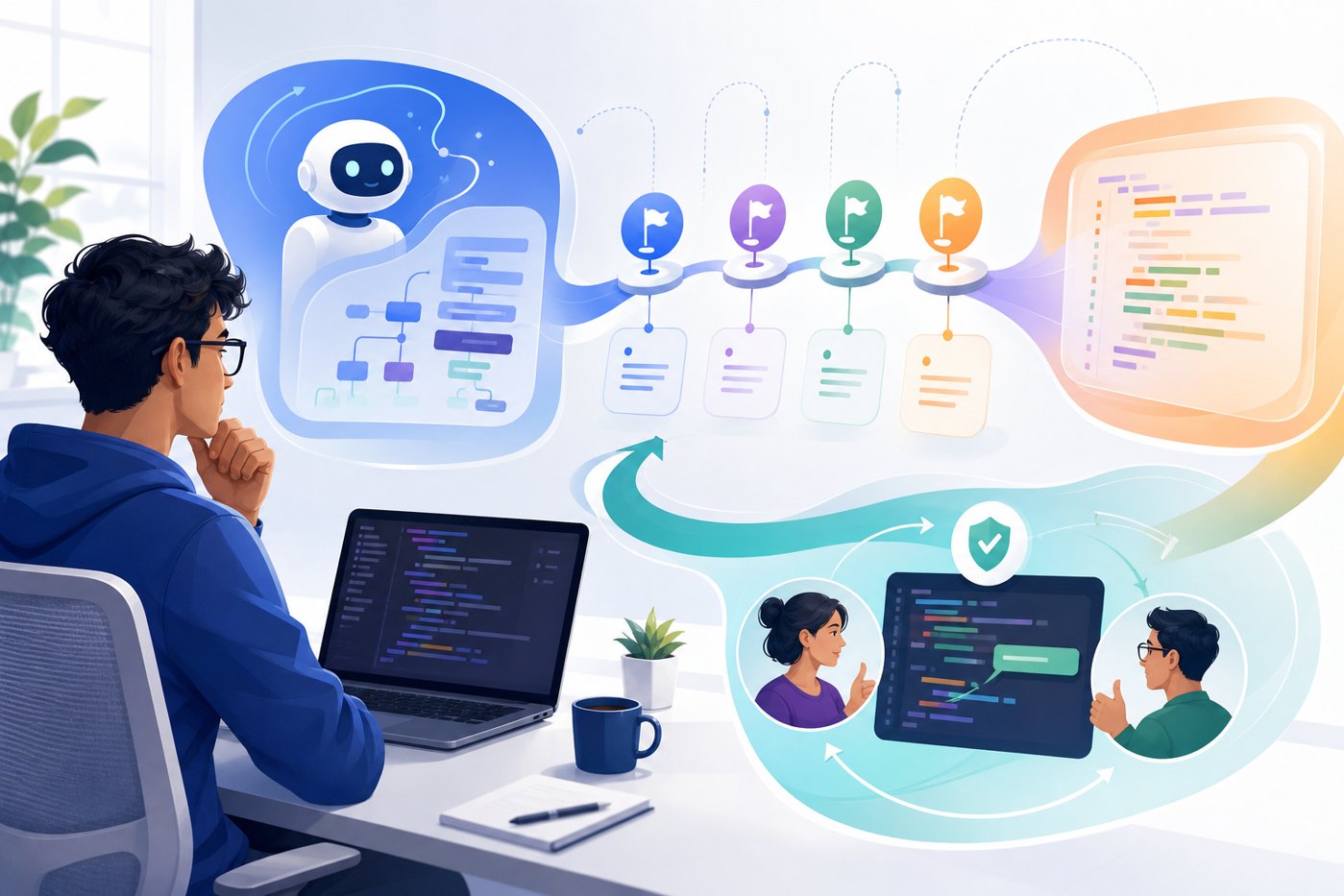 Bright illustration of a developer planning a safe Codex Goal Mode workflow with AI checkpoints