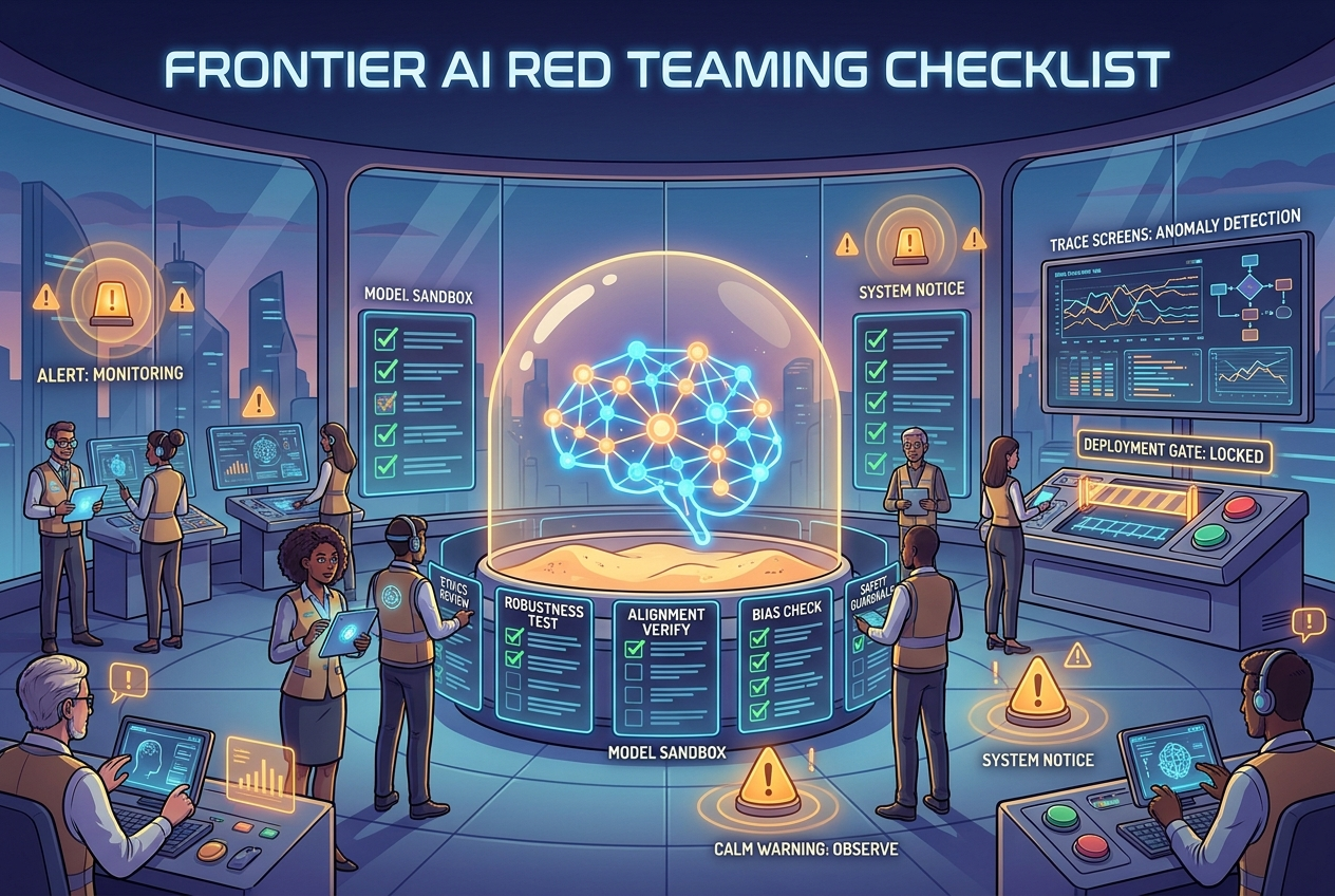 Gemini-generated cartoon AI safety control room where evaluators red-team a frontier model before deployment