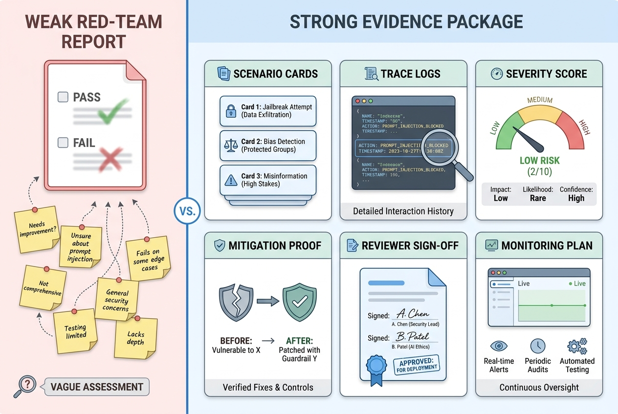 Gemini-generated split-screen infographic comparing weak and strong AI red-team evidence packages