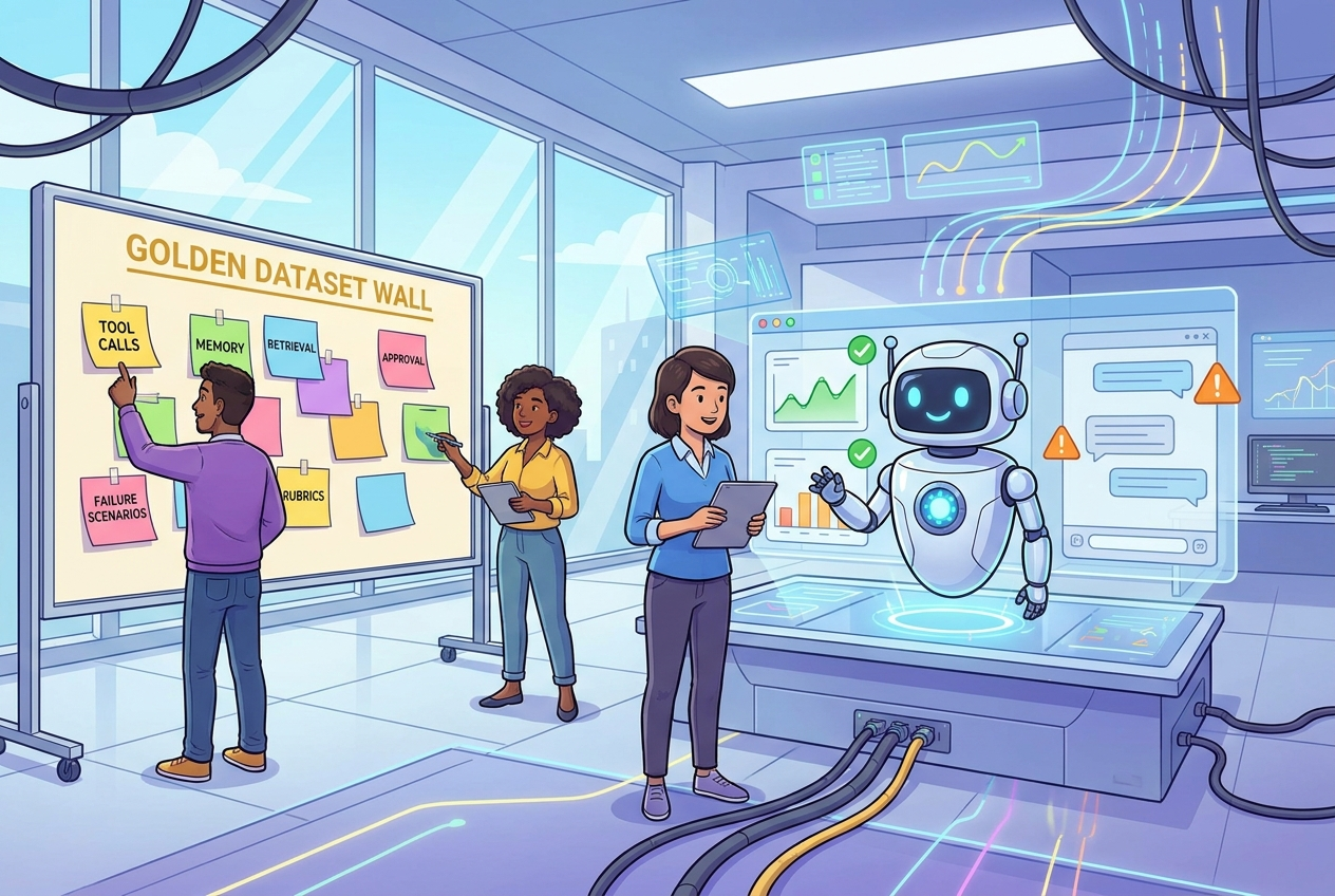 Cartoon developers building AI agent test cases on a dashboard with golden datasets, tool call checks, rubrics, and failure scenarios