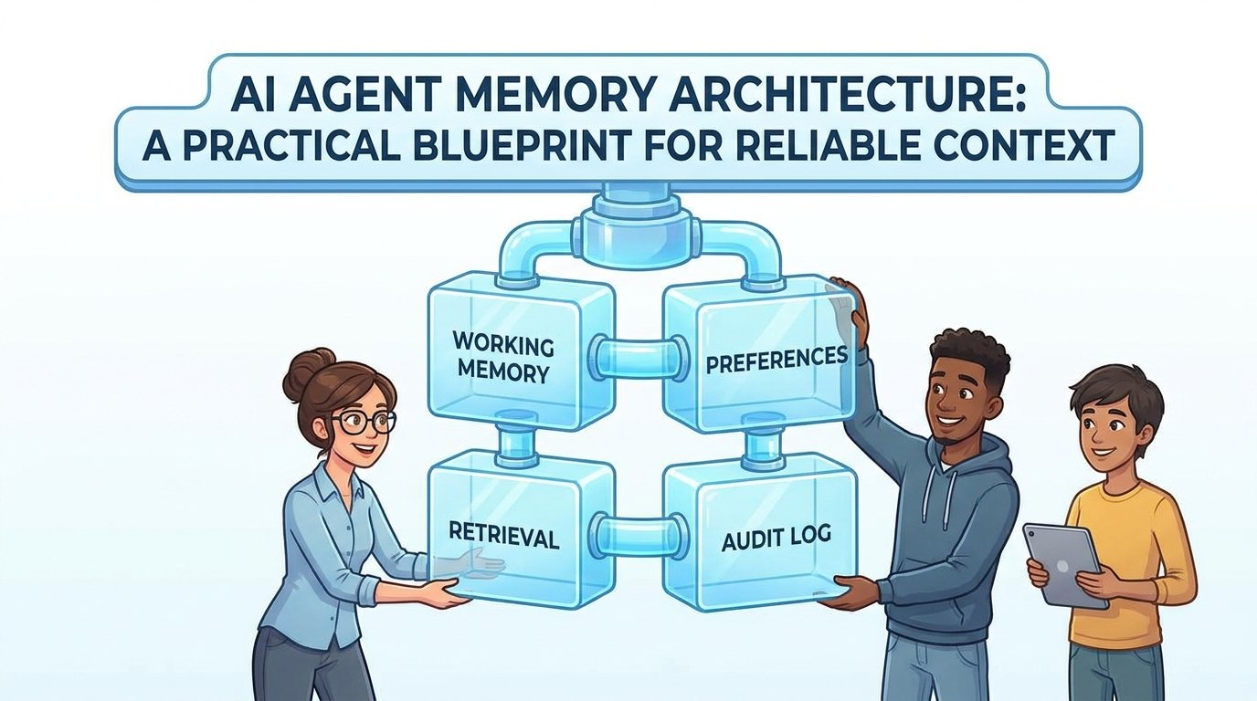 Cartoon developers designing an AI agent memory architecture with working memory retrieval memory permissions and audit logs