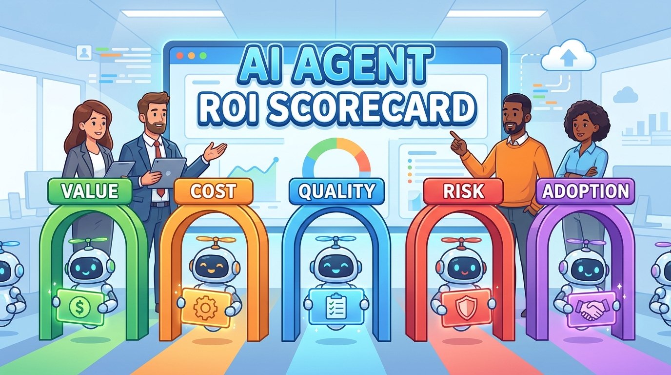 Cartoon enterprise team using an AI agent ROI scorecard dashboard to evaluate value, cost, quality, risk, and adoption