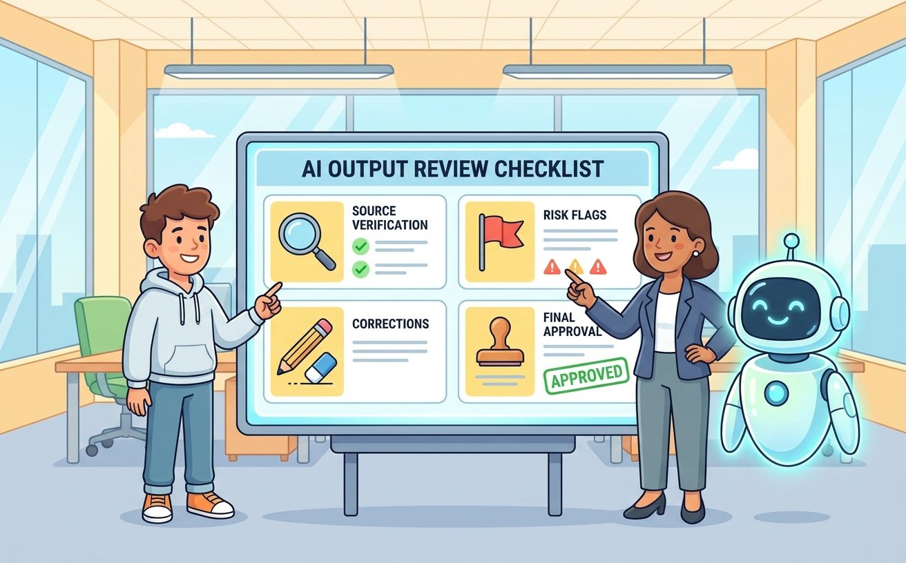 Cartoon candidate and hiring manager reviewing an AI output review checklist for a career portfolio