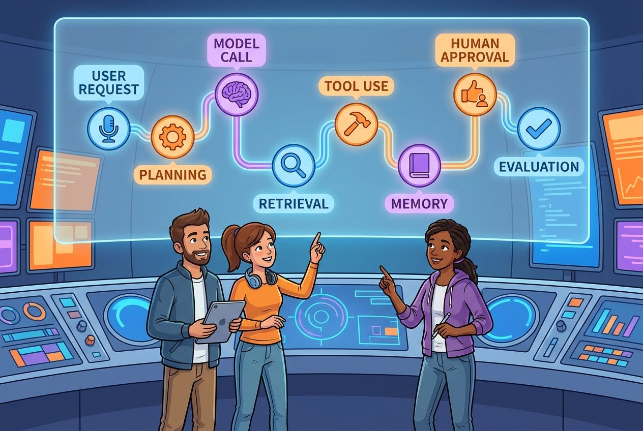 Cartoon developers looking at a glowing subway-map style trace of an AI agent workflow with model calls, tools, memory, and eval checkpoints